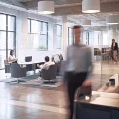 Decorative image - a large busy office foyer with people walking through it