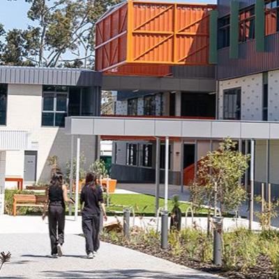 Balga campus students walking past new admin building (NMTAFE)
