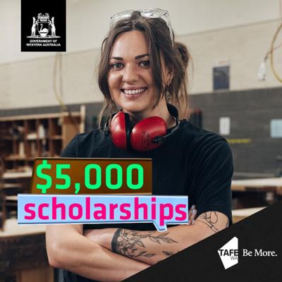 Decorative image - female trades student in workshops smiling at camera with text overlay