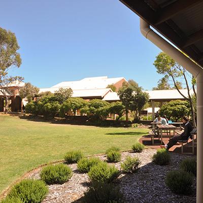 Joondalup McLarty campus grassed courtyard with seated students (NMATFE)