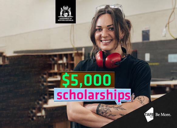 Decorative image - female trades student in workshops smiling at camera with text overlay